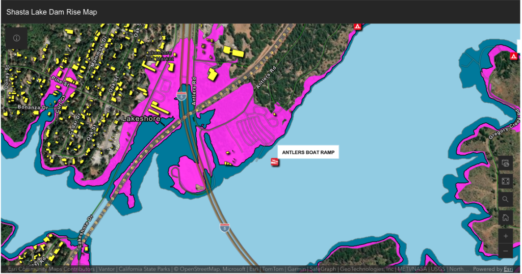 Screenshot of an ArcGIS web map embedded on the Shasta Environmental Alliance website showing three inundation zones around Shasta Lake near the Lakeshore community, with current full pool, proposed new water level, and additional land take above the new pool displayed in light blue, dark blue, and magenta.