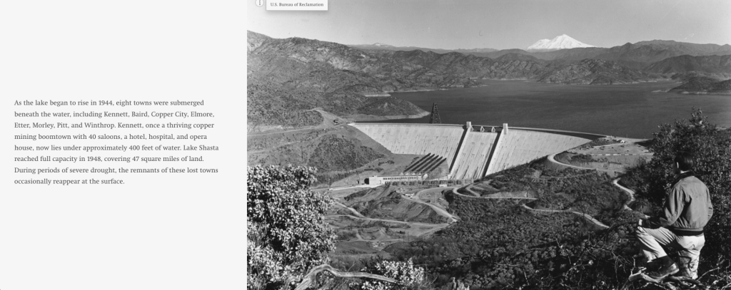 Screenshot of the History and the City of Shasta Lake ArcGIS story map showing a U.S. Bureau of Reclamation historical photograph of Shasta Dam with Lake Shasta and Mount Shasta visible in the background, alongside written content describing the eight towns submerged when the lake filled in 1944.